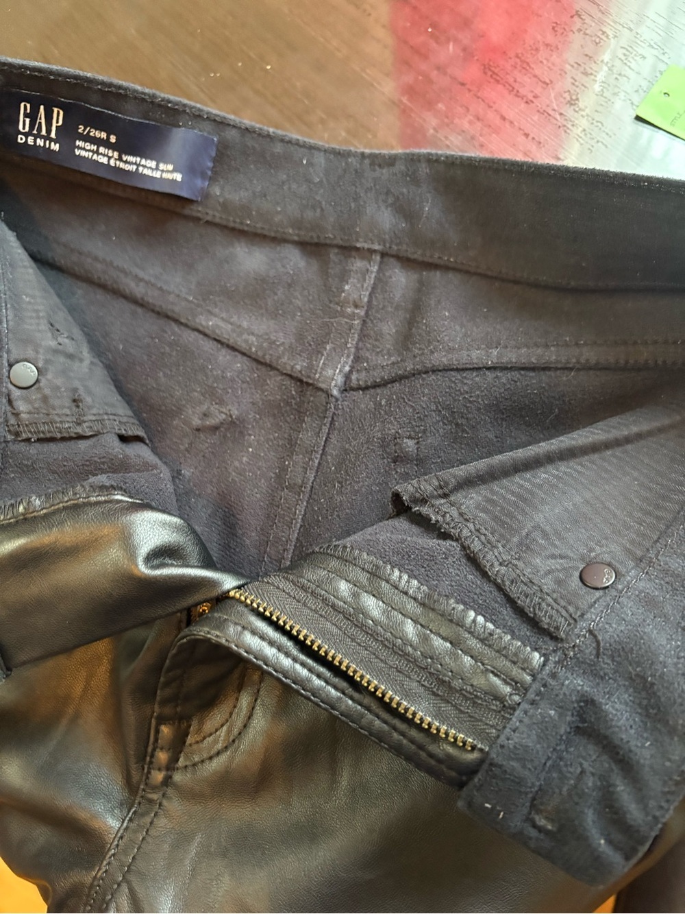 GAP High Rise Black Vegan Faux Leather Straight Leg Vintage Slim Pants, Sz 26 - Picture 7 of 12